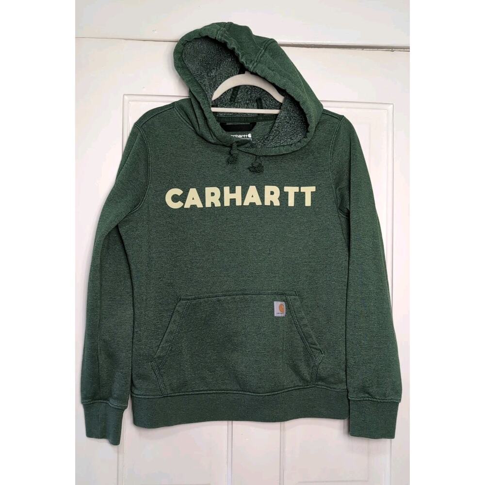 Carhartt Hoodie Green Relaxed Fit Women's S Work wear Logo Spellout (1005)